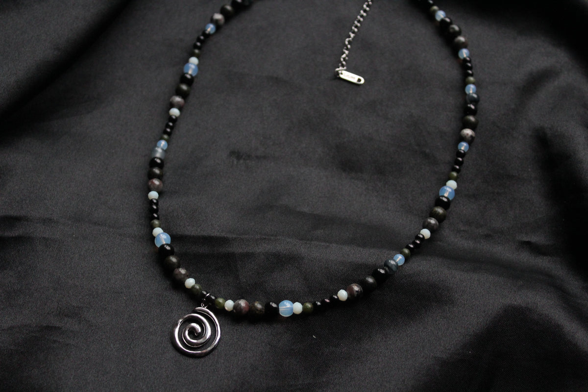 Handmade, Fire & Shadow, Spiral Charm, Yooperlite, Labradorite, Opalite, Beaded Necklace | Waterproof Stainless Steel