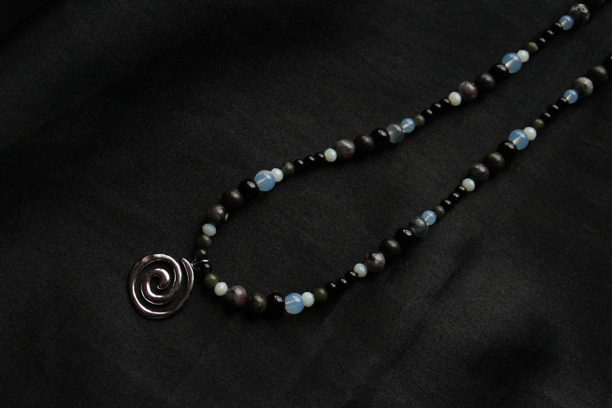 Handmade, Fire & Shadow, Spiral Charm, Yooperlite, Labradorite, Opalite, Beaded Necklace | Waterproof Stainless Steel