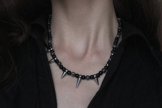 Handmade, Thorn & Shadow, Labradorite, Yooperlite, Beaded Necklace | Waterproof Stainless Steel
