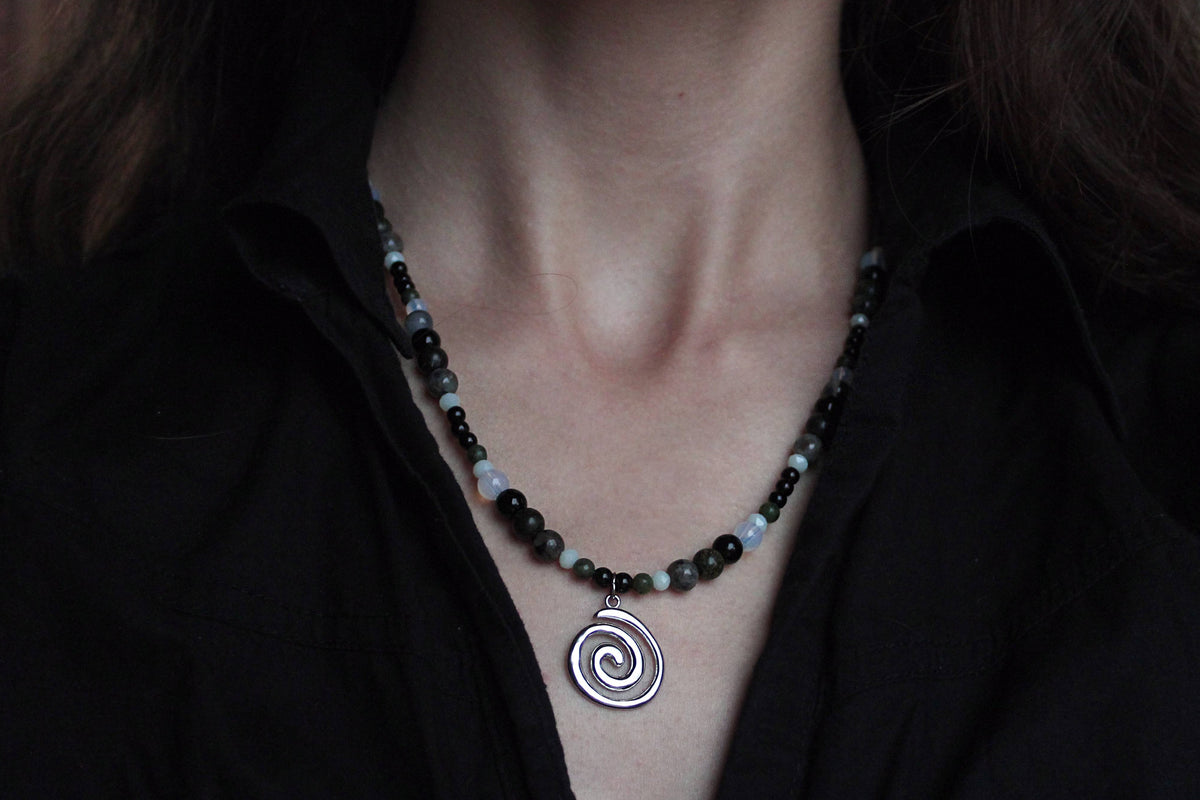 Handmade, Fire & Shadow, Spiral Charm, Yooperlite, Labradorite, Opalite, Beaded Necklace | Waterproof Stainless Steel
