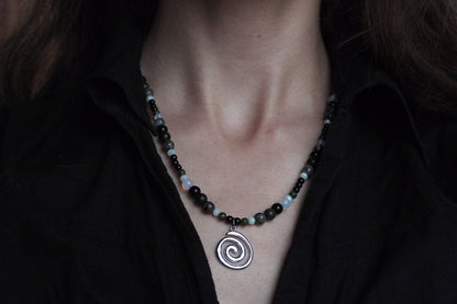 Handmade, Fire & Shadow, Spiral Charm, Yooperlite, Labradorite, Opalite, Beaded Necklace | Waterproof Stainless Steel