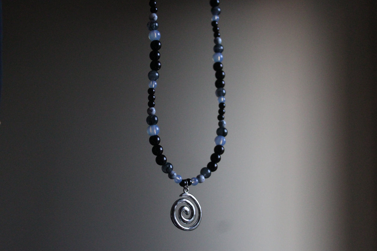 Handmade, Moonlight & Shadow, Spiral Charm, Labradorite, Opalite, Beaded Necklace | Waterproof Stainless Steel