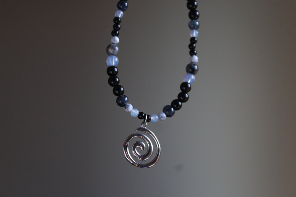 Handmade, Moonlight & Shadow, Spiral Charm, Labradorite, Opalite, Beaded Necklace | Waterproof Stainless Steel