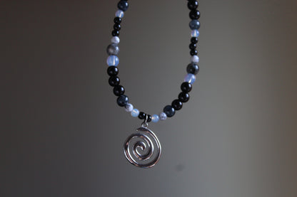 Handmade, Moonlight & Shadow, Spiral Charm, Labradorite, Opalite, Beaded Necklace | Waterproof Stainless Steel