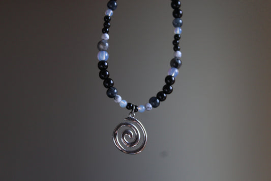 Handmade, Moonlight & Shadow, Spiral Charm, Labradorite, Opalite, Beaded Necklace | Waterproof Stainless Steel