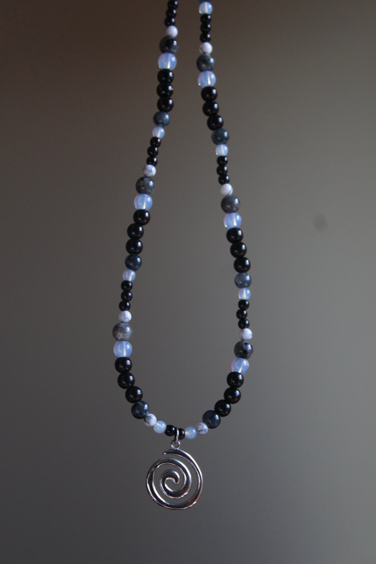 Handmade, Moonlight & Shadow, Spiral Charm, Labradorite, Opalite, Beaded Necklace | Waterproof Stainless Steel