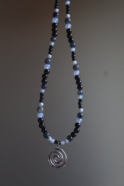 Handmade, Moonlight & Shadow, Spiral Charm, Labradorite, Opalite, Beaded Necklace | Waterproof Stainless Steel