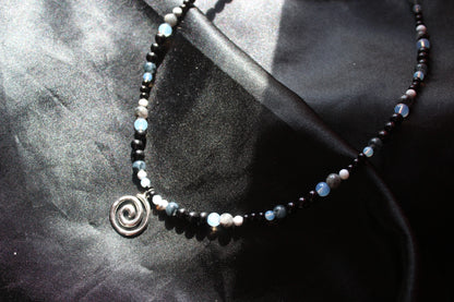 Handmade, Moonlight & Shadow, Spiral Charm, Labradorite, Opalite, Beaded Necklace | Waterproof Stainless Steel