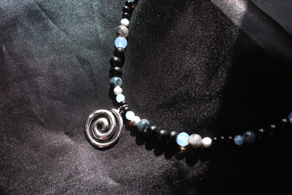 Handmade, Moonlight & Shadow, Spiral Charm, Labradorite, Opalite, Beaded Necklace | Waterproof Stainless Steel
