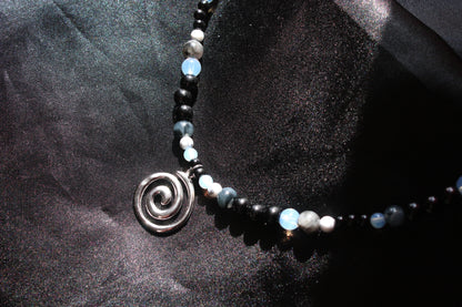 Handmade, Moonlight & Shadow, Spiral Charm, Labradorite, Opalite, Beaded Necklace | Waterproof Stainless Steel