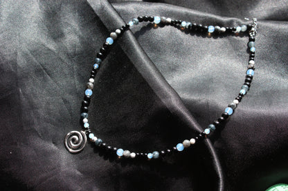 Handmade, Moonlight & Shadow, Spiral Charm, Labradorite, Opalite, Beaded Necklace | Waterproof Stainless Steel