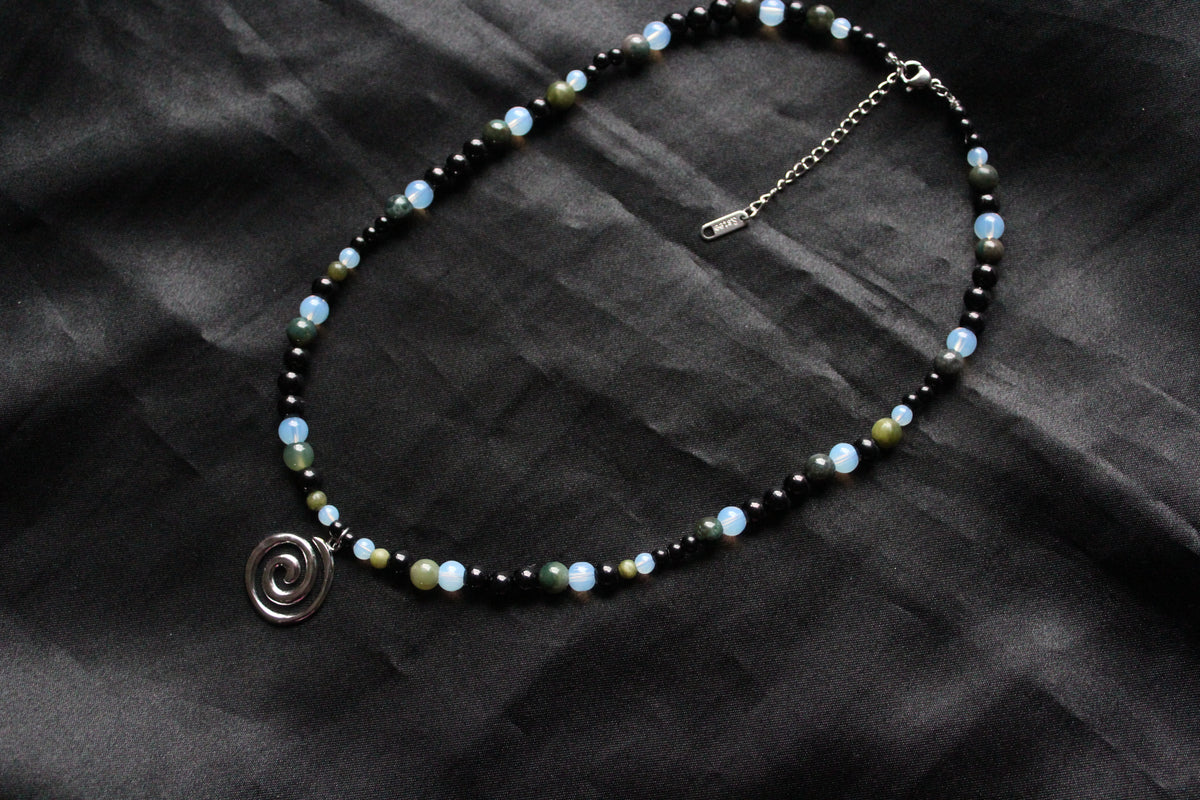 Handmade, Moss & Shadow, Spiral Charm, Agate, Opalite, Serpentine, Beaded Necklace | Waterproof Stainless Steel