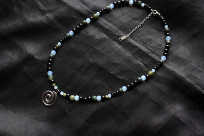 Handmade, Moss & Shadow, Spiral Charm, Agate, Opalite, Serpentine, Beaded Necklace | Waterproof Stainless Steel