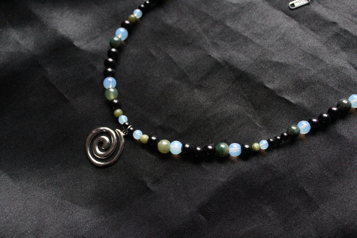 Handmade, Moss & Shadow, Spiral Charm, Agate, Opalite, Serpentine, Beaded Necklace | Waterproof Stainless Steel