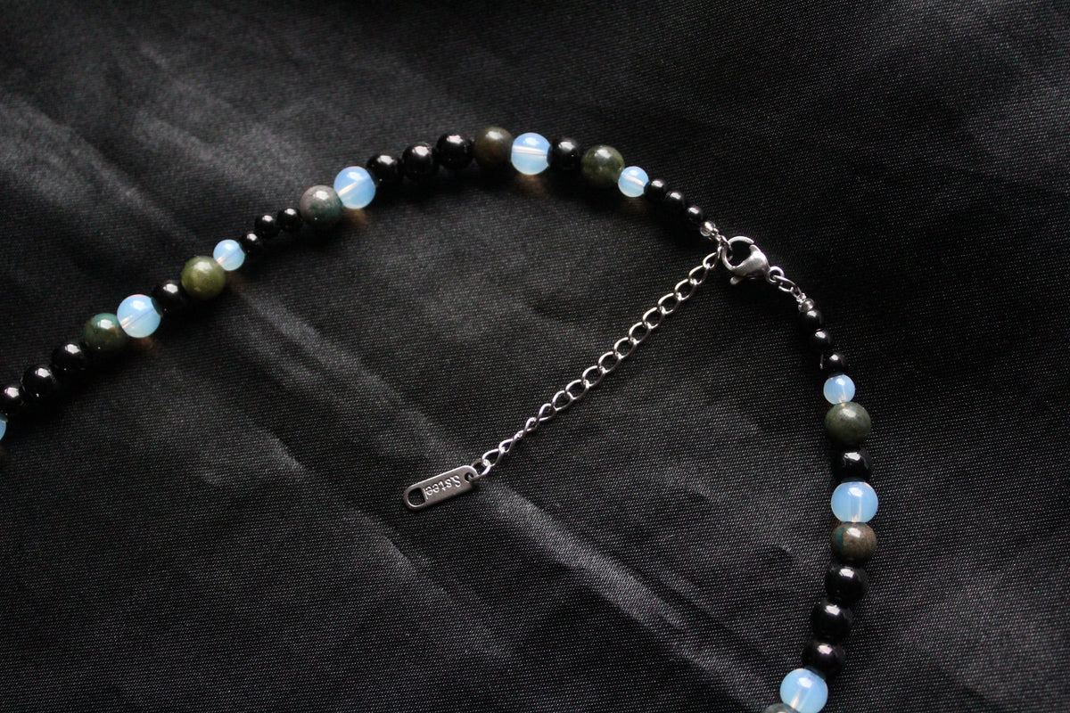 Handmade, Moss & Shadow, Spiral Charm, Agate, Opalite, Serpentine, Beaded Necklace | Waterproof Stainless Steel