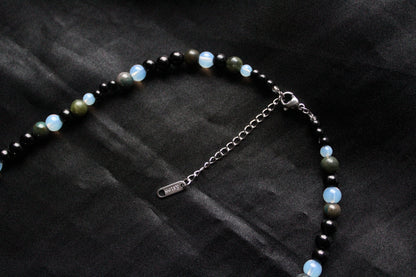 Handmade, Moss & Shadow, Spiral Charm, Agate, Opalite, Serpentine, Beaded Necklace | Waterproof Stainless Steel