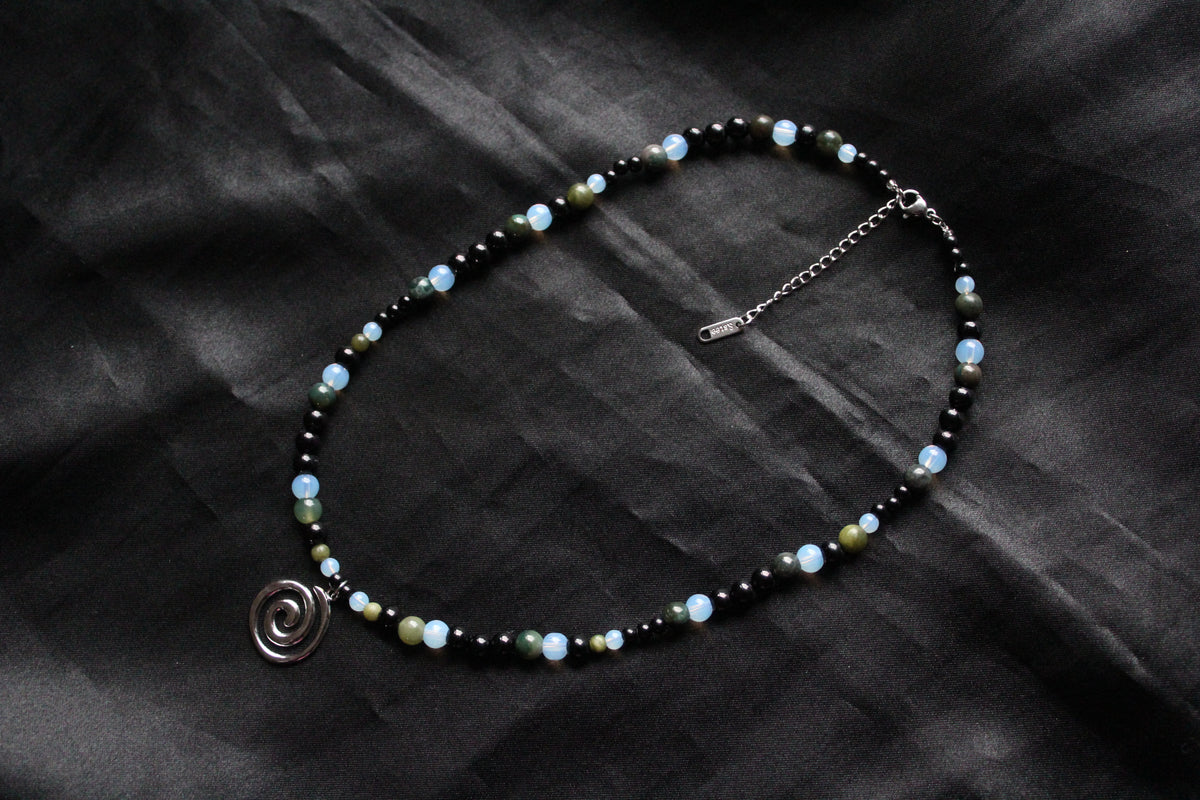 Handmade, Moss & Shadow, Spiral Charm, Agate, Opalite, Serpentine, Beaded Necklace | Waterproof Stainless Steel