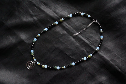 Handmade, Moss & Shadow, Spiral Charm, Agate, Opalite, Serpentine, Beaded Necklace | Waterproof Stainless Steel