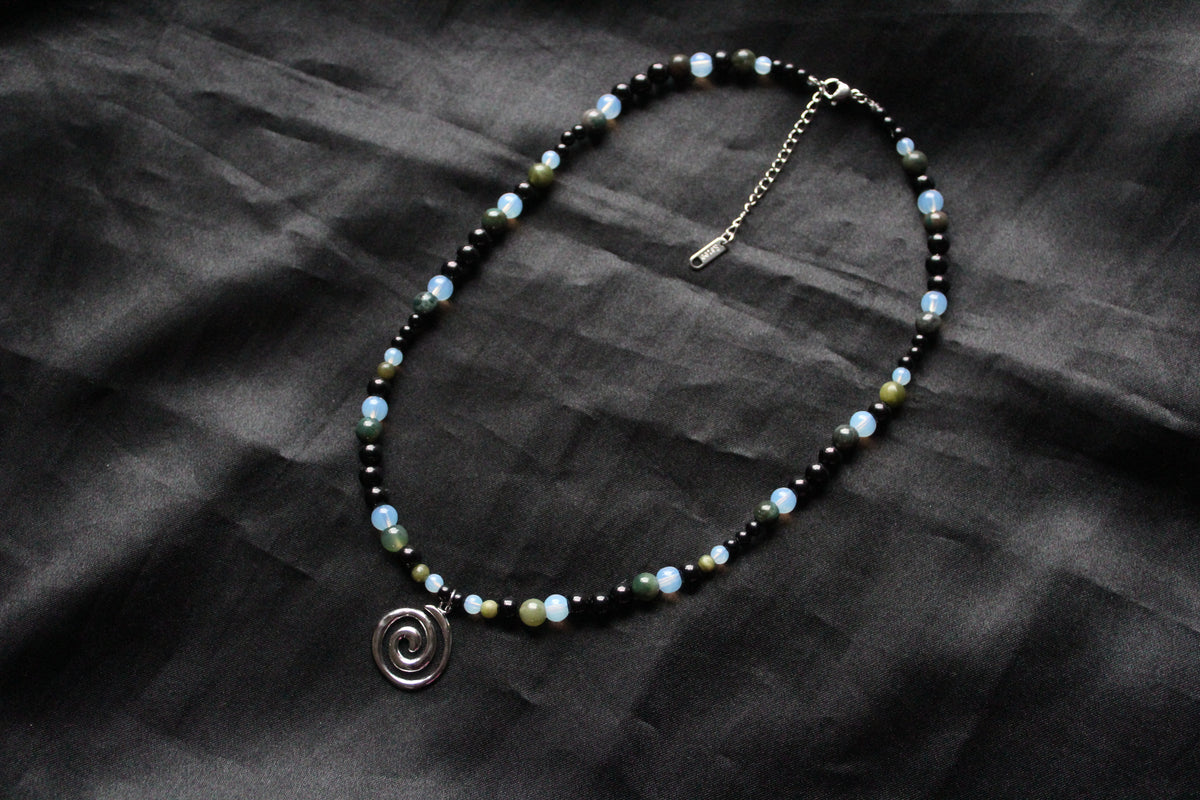 Handmade, Moss & Shadow, Spiral Charm, Agate, Opalite, Serpentine, Beaded Necklace | Waterproof Stainless Steel