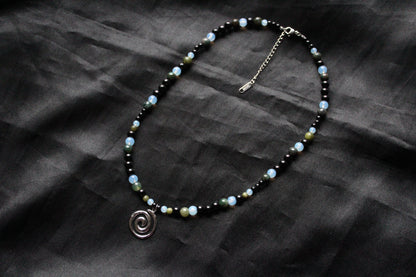 Handmade, Moss & Shadow, Spiral Charm, Agate, Opalite, Serpentine, Beaded Necklace | Waterproof Stainless Steel