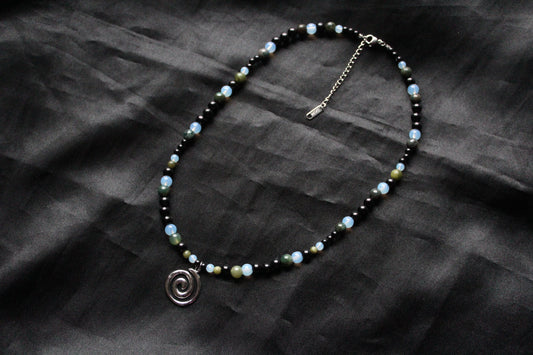 Handmade, Moss & Shadow, Spiral Charm, Agate, Opalite, Serpentine, Beaded Necklace | Waterproof Stainless Steel