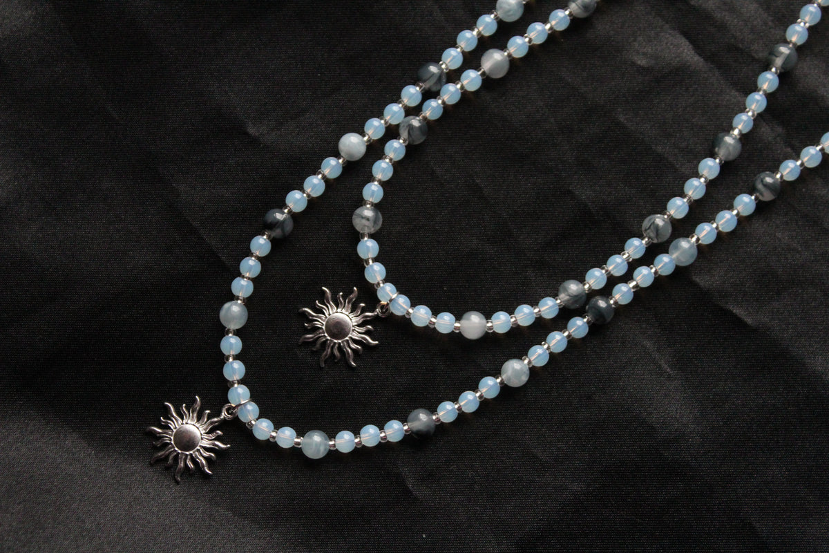 Handmade, Frosted Eclipse, Opalite Stone, Crystal, Sun Charm, Beaded Necklace | Waterproof Stainless Steel