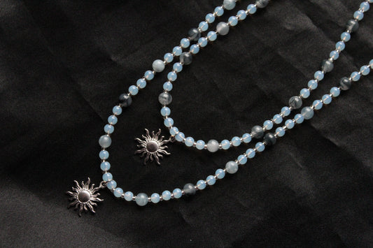 Handmade, Frosted Eclipse, Opalite Stone, Crystal, Sun Charm, Beaded Necklace | Waterproof Stainless Steel