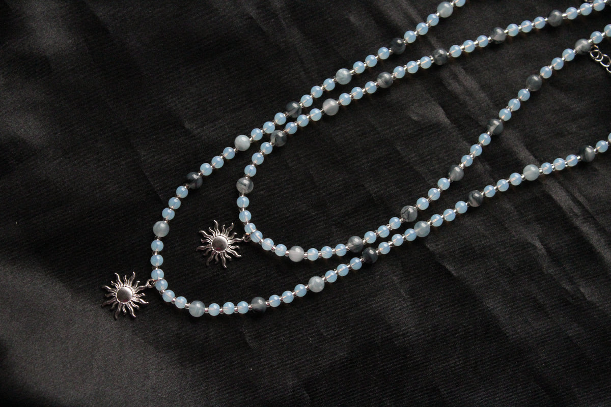 Handmade, Frosted Eclipse, Opalite Stone, Crystal, Sun Charm, Beaded Necklace | Waterproof Stainless Steel