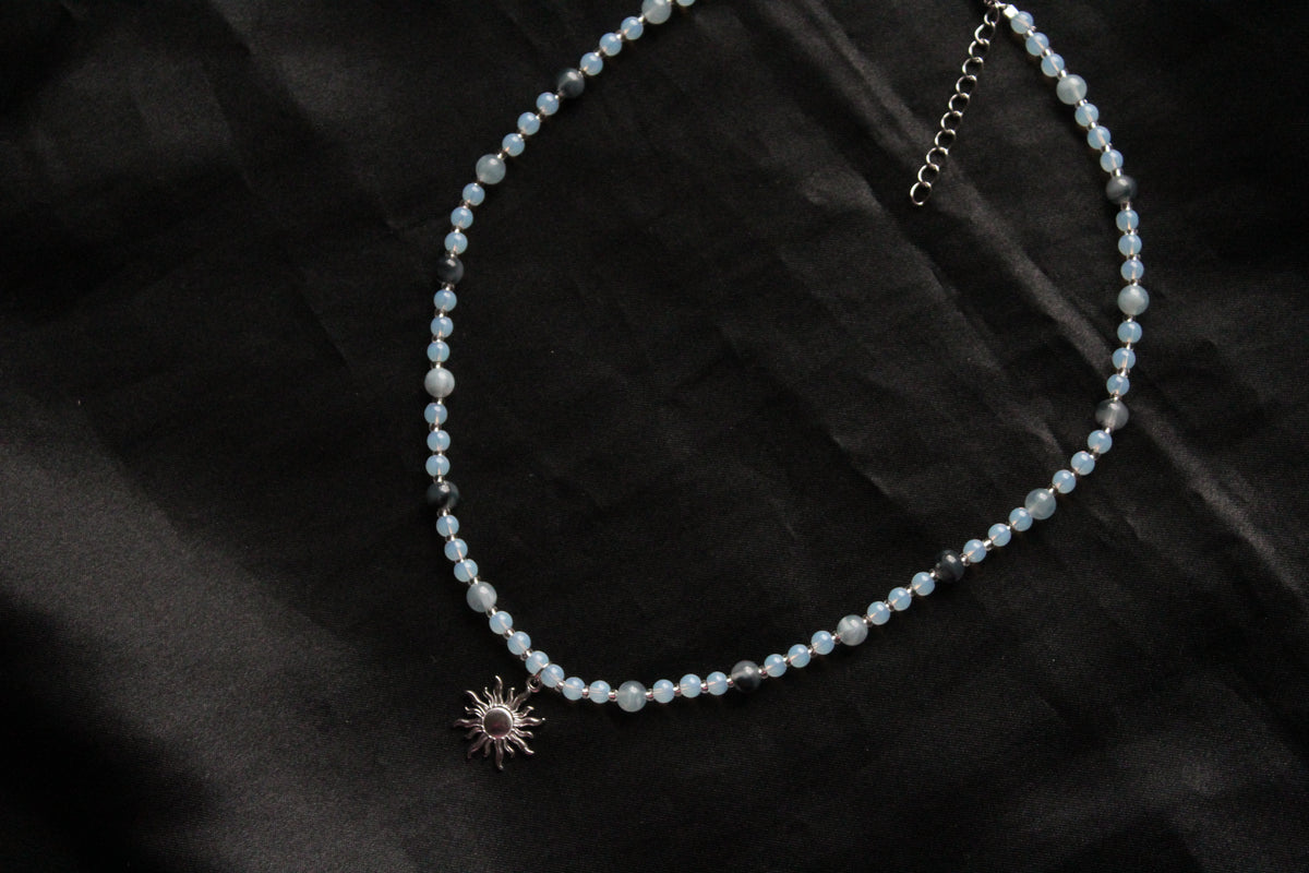Handmade, Frosted Eclipse, Opalite Stone, Crystal, Sun Charm, Beaded Necklace | Waterproof Stainless Steel