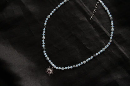 Handmade, Frosted Eclipse, Opalite Stone, Crystal, Sun Charm, Beaded Necklace | Waterproof Stainless Steel