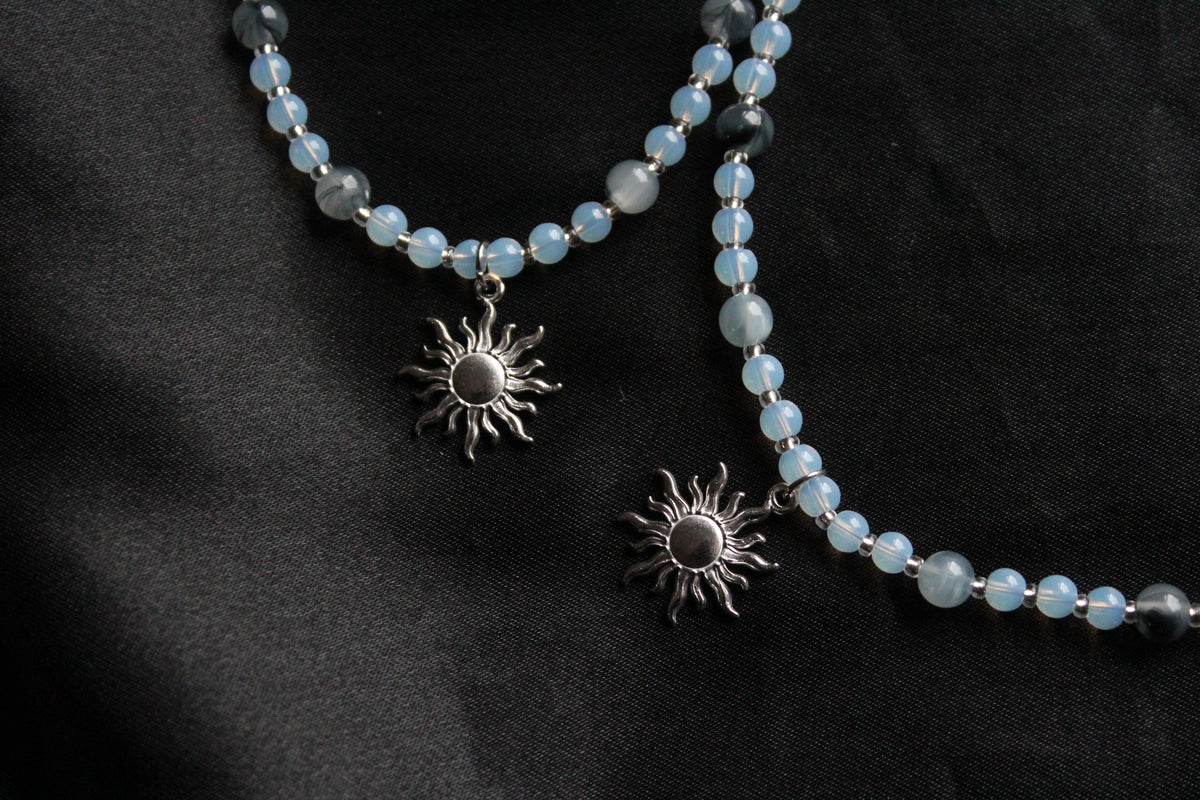 Handmade, Frosted Eclipse, Opalite Stone, Crystal, Sun Charm, Beaded Necklace | Waterproof Stainless Steel