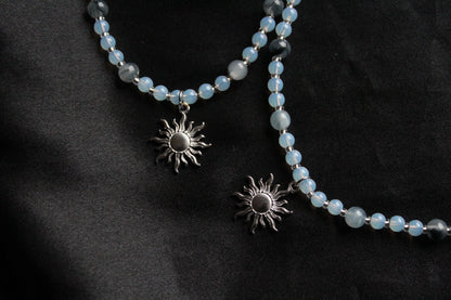 Handmade, Frosted Eclipse, Opalite Stone, Crystal, Sun Charm, Beaded Necklace | Waterproof Stainless Steel