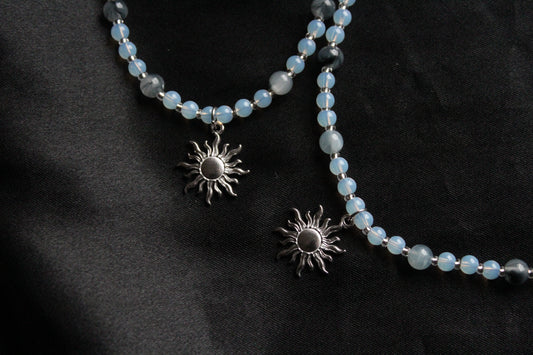 Handmade, Frosted Eclipse, Opalite Stone, Crystal, Sun Charm, Beaded Necklace | Waterproof Stainless Steel
