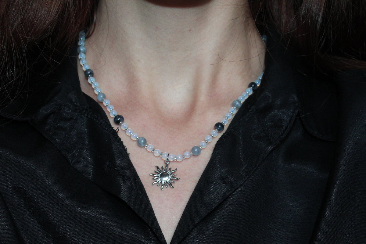 Handmade, Frosted Eclipse, Opalite Stone, Crystal, Sun Charm, Beaded Necklace | Waterproof Stainless Steel