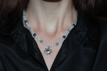 Handmade, Frosted Eclipse, Opalite Stone, Crystal, Sun Charm, Beaded Necklace | Waterproof Stainless Steel