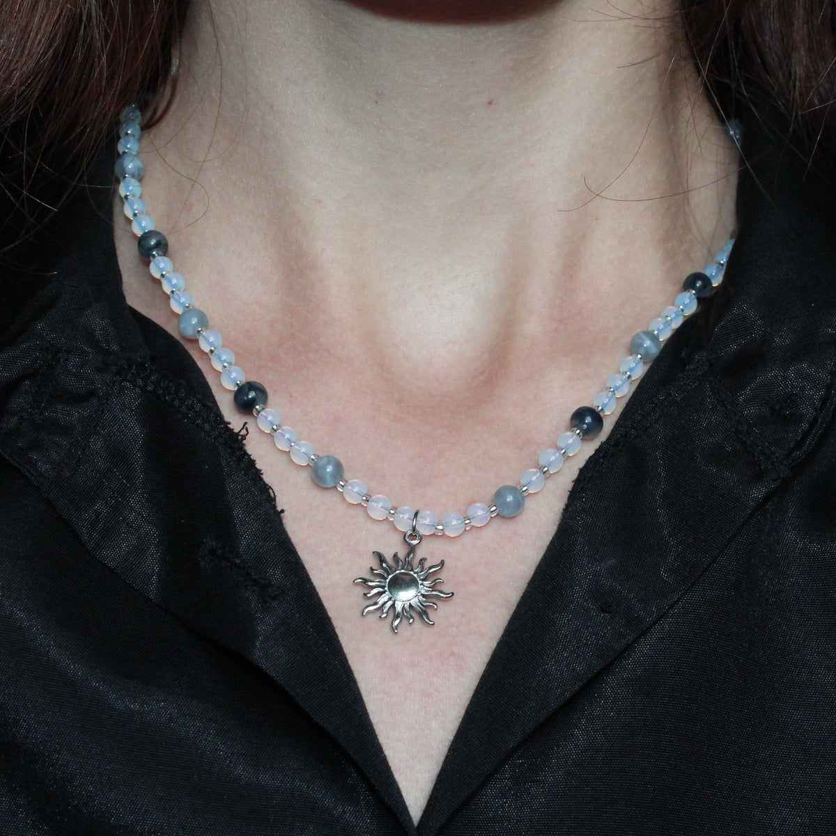 Handmade, Frosted Eclipse, Opalite Stone, Crystal, Sun Charm, Beaded Necklace | Waterproof Stainless Steel