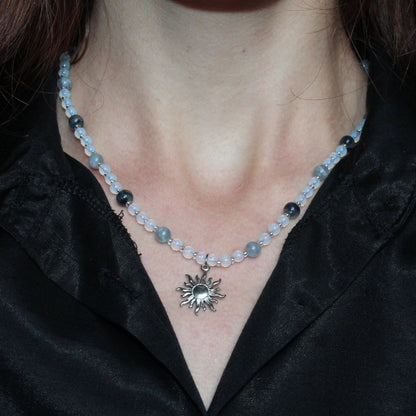 Handmade, Frosted Eclipse, Opalite Stone, Crystal, Sun Charm, Beaded Necklace | Waterproof Stainless Steel