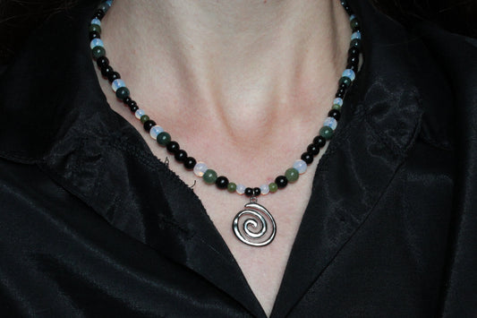 Handmade, Moss & Shadow, Spiral Charm, Agate, Opalite, Serpentine, Beaded Necklace | Waterproof Stainless Steel