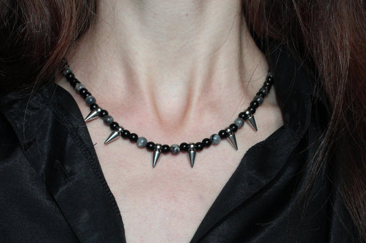 Handmade, Spike & Shadow, Labradorite, Yooperlite, Beaded Necklace | Waterproof Stainless Steel