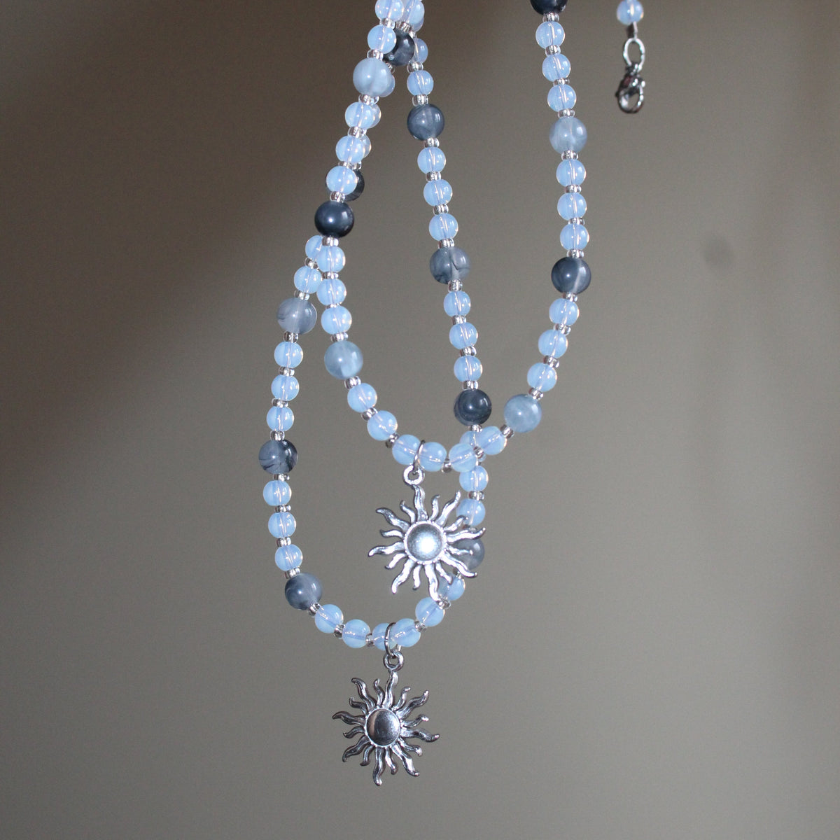 Handmade, Frosted Eclipse, Opalite Stone, Crystal, Sun Charm, Beaded Necklace | Waterproof Stainless Steel
