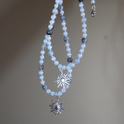 Handmade, Frosted Eclipse, Opalite Stone, Crystal, Sun Charm, Beaded Necklace | Waterproof Stainless Steel