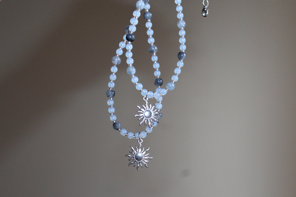 Handmade, Frosted Eclipse, Opalite Stone, Crystal, Sun Charm, Beaded Necklace | Waterproof Stainless Steel