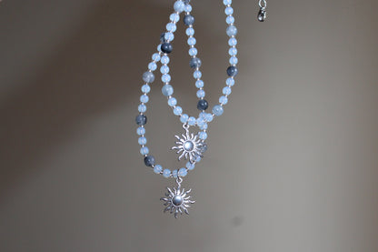 Handmade, Frosted Eclipse, Opalite Stone, Crystal, Sun Charm, Beaded Necklace | Waterproof Stainless Steel