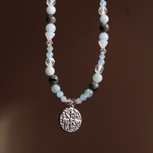 Handmade, Moonlit Compass, Labradorite, Aquamarine, Opalite, Beaded Necklace | Waterproof Stainless Steel