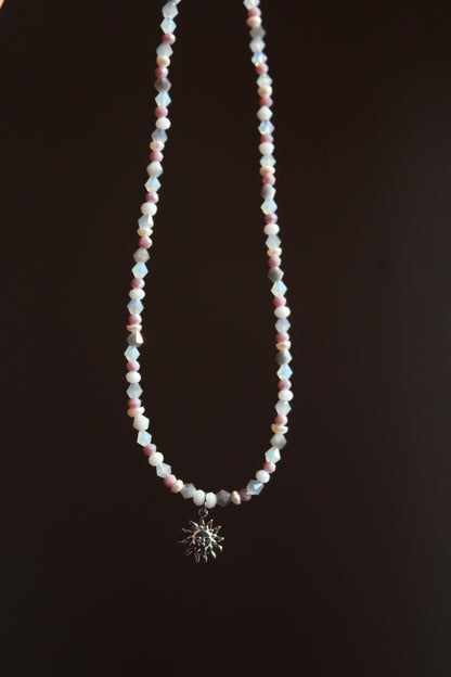 Handmade, Dainty, Misty Blue Sky, Sun Charm, Beaded Necklace | Waterproof Stainless Steel