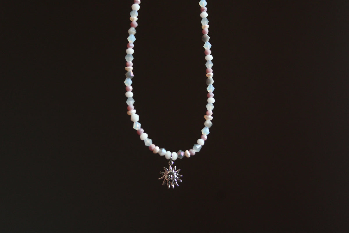 Handmade, Dainty, Misty Blue Sky, Sun Charm, Beaded Necklace | Waterproof Stainless Steel