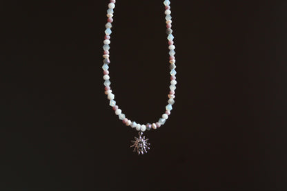 Handmade, Dainty, Misty Blue Sky, Sun Charm, Beaded Necklace | Waterproof Stainless Steel