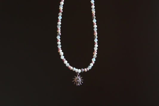 Handmade, Dainty, Misty Blue Sky, Sun Charm, Beaded Necklace | Waterproof Stainless Steel