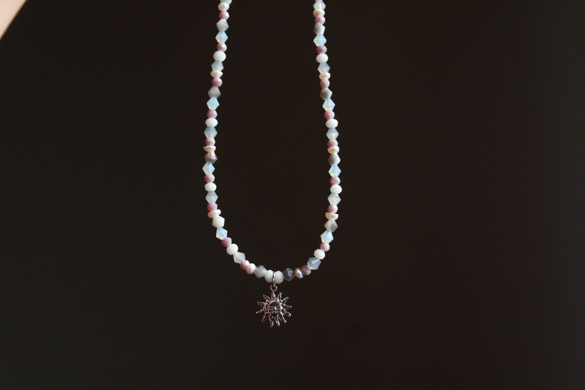 Handmade, Dainty, Misty Blue Sky, Sun Charm, Beaded Necklace | Waterproof Stainless Steel