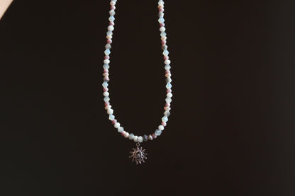 Handmade, Dainty, Misty Blue Sky, Sun Charm, Beaded Necklace | Waterproof Stainless Steel